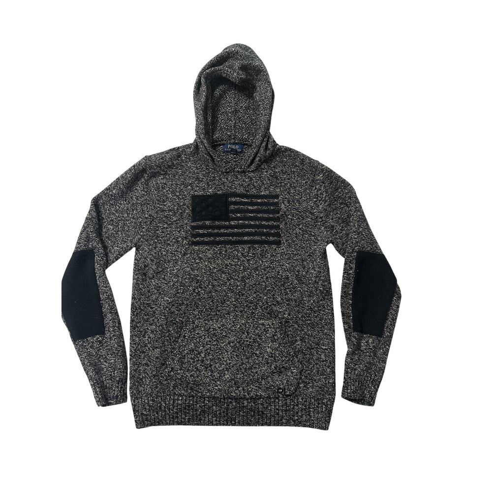Rare-Polo Ralph Lauren boys XL 18-20 gray flag patch sweater Hoodie